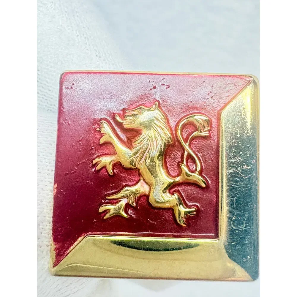 Mid‑Century Anson Gold‑Tone Cufflinks with Lion Rampant and Red Enamel, Vintage